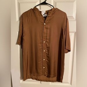 Men’s brown monk collar, short sleeve, Zara satin shirt